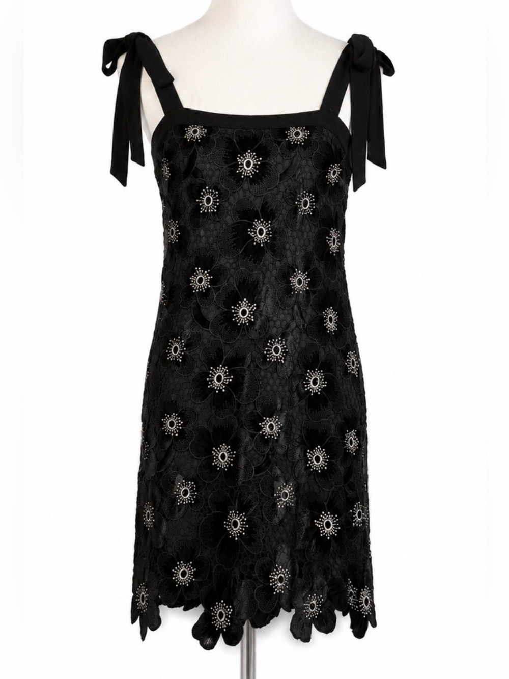 Adelyn Rae Black Floral Lace Beaded Tie Strap Mini Dress M Wedding Guest
